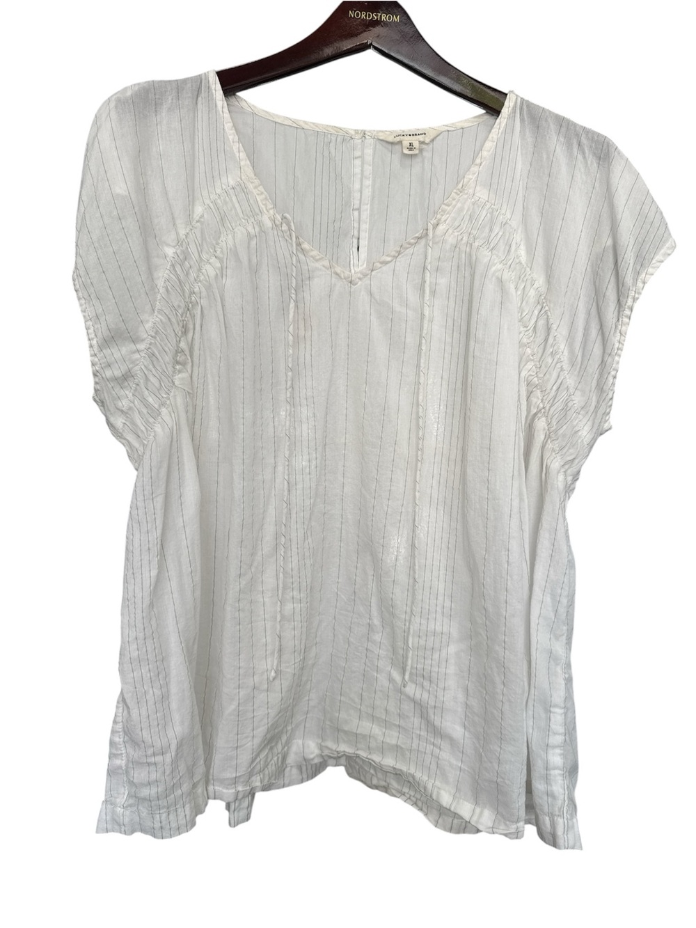 Lucky Brand White Pintuck V-Neck Short Sleeve Blouse